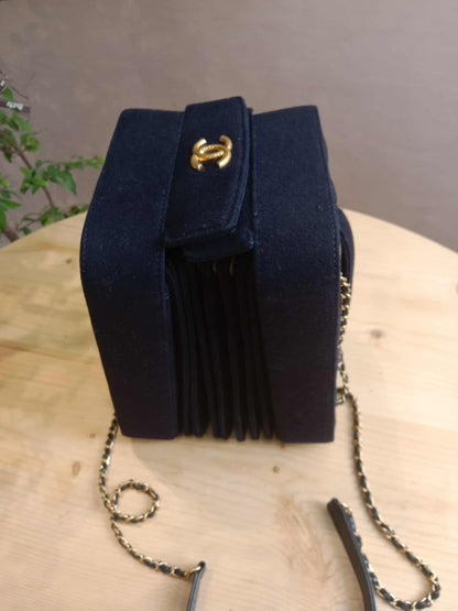 Chanel Paris-Hamburg Accordion Quilted Navy Blue Wool Aged Crossbody Runway Bag Series 25
