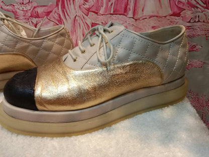 Chanel Interlocking CC Logo Metallic Gold/Beige Lace-up Sneakers with Black Cap Toe Size 35