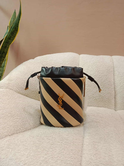 Saint Laurent Alix Stripes Quilted Leather Bucket Bag Bicolor Beige/Black