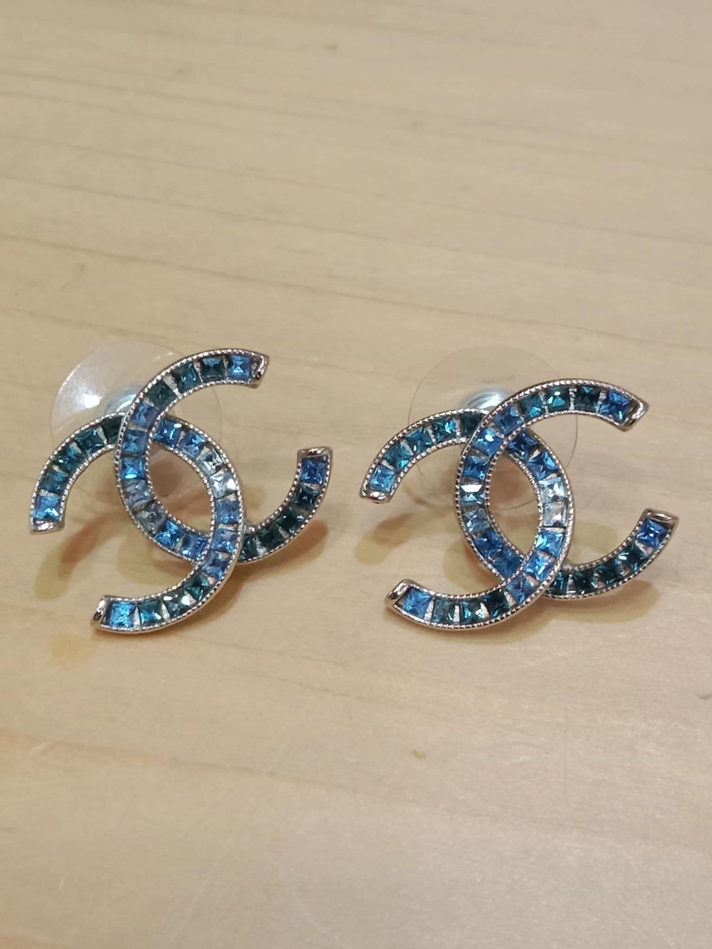 Chanel CC Silver Blue Princess Crystal Stud Earrings