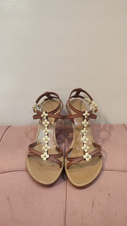 Louis Vuitton Flower Strappy Wedge Brown Size 37