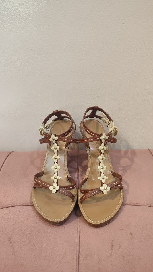 Louis Vuitton Flower Strappy Wedge Brown Size 37
