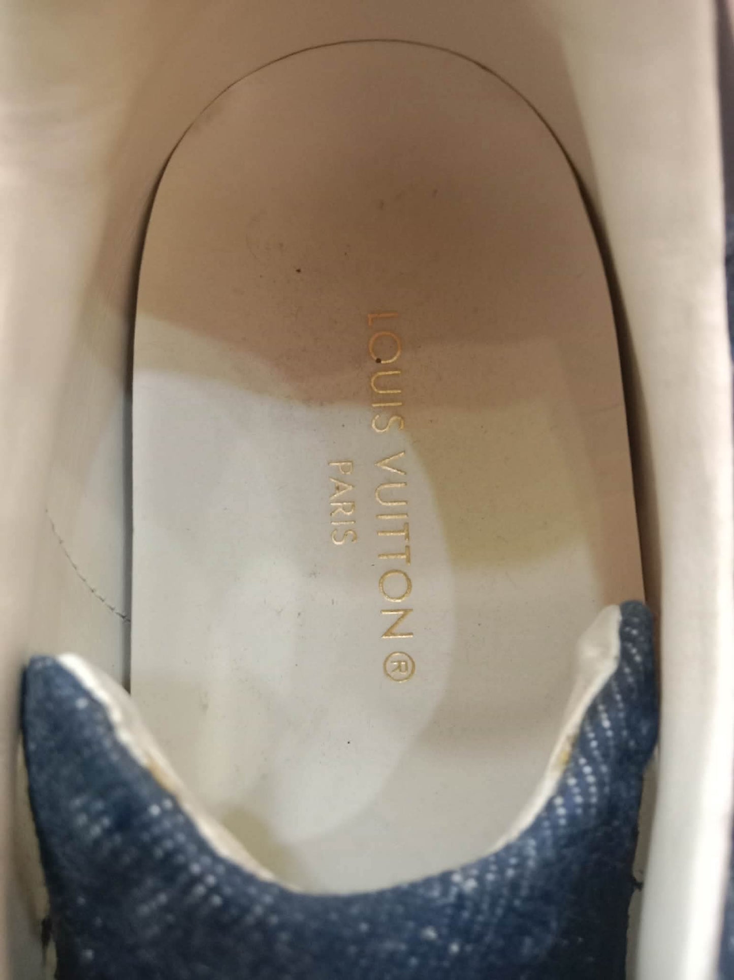 Louis Vuitton Time Out Sneakers Dark Blue Denim Monogram Embossed Pattern Size 37.5
