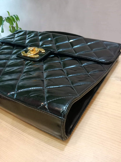 Chanel Vintage Briefcase Quilted Patent Black
