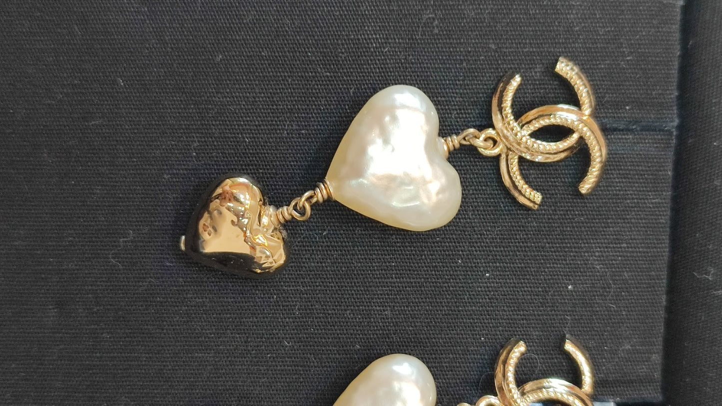 Chanel 22C Heart Pearly White CC Logo Dangling Earrings
