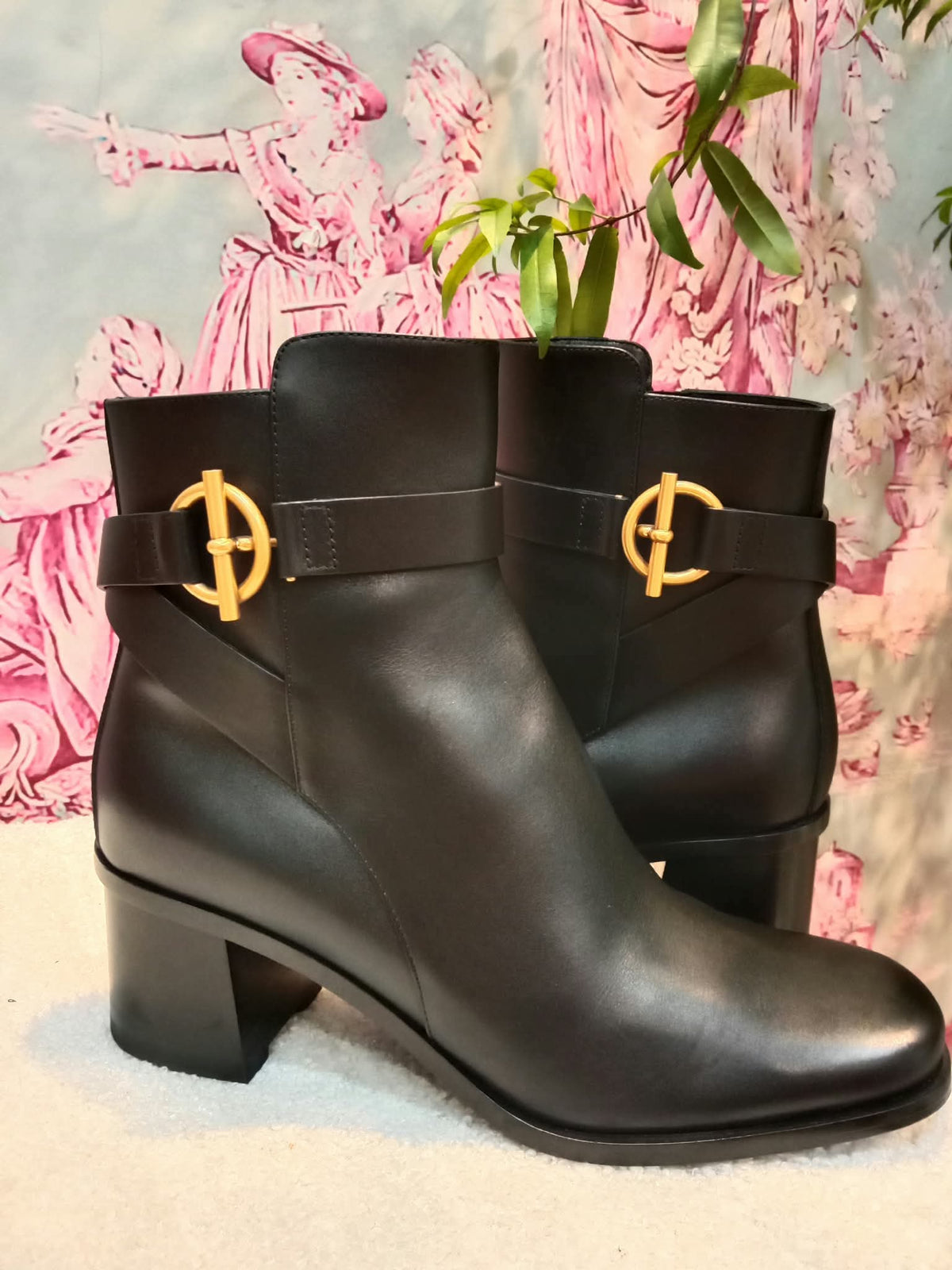 Hermes Jill 60 Ankle Boots Black Calfskin Aged Golden "Glenan" Nautical-Style Buckle Size 38.5