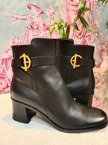 Hermes Jill 60 Ankle Boots Black Calfskin Aged Golden "Glenan" Nautical-Style Buckle Size 38.5