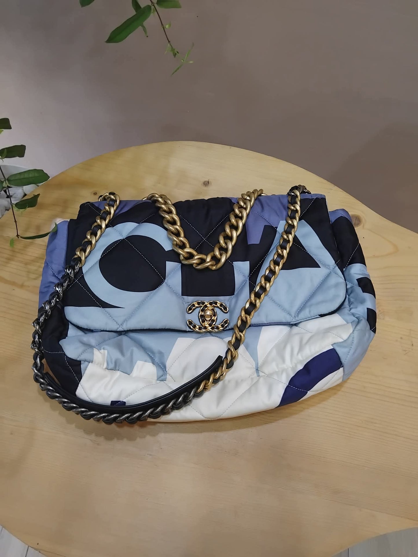 Chanel 19 Printed Silk Blue-Toned Quilted Maxi Flap Bag Series 30