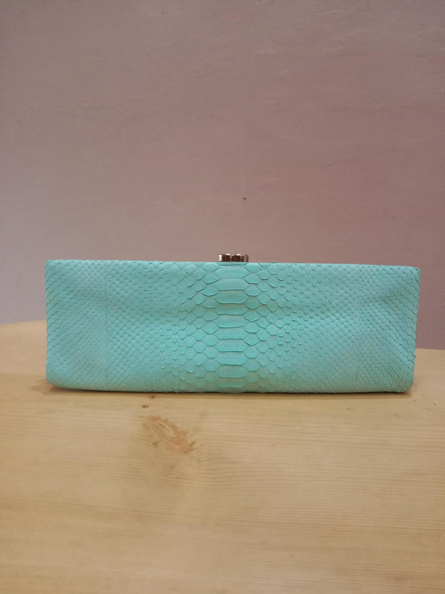 Chanel Mint Green Python Leather Clutch With a Silver-Toned Kiss-Lock Closure Series 15