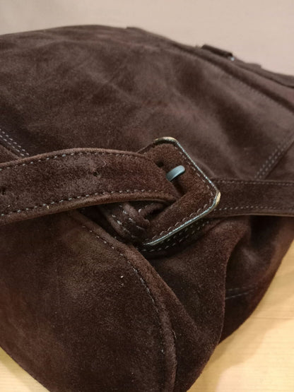 Chanel Vintage Karl Lagerfeld Dark Brown Suede Backpack featuring stitched CC Logo Flap Series 5