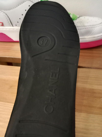 Chanel White Leather CC Lace-Up Sneakers Neon Multicolor Size 37