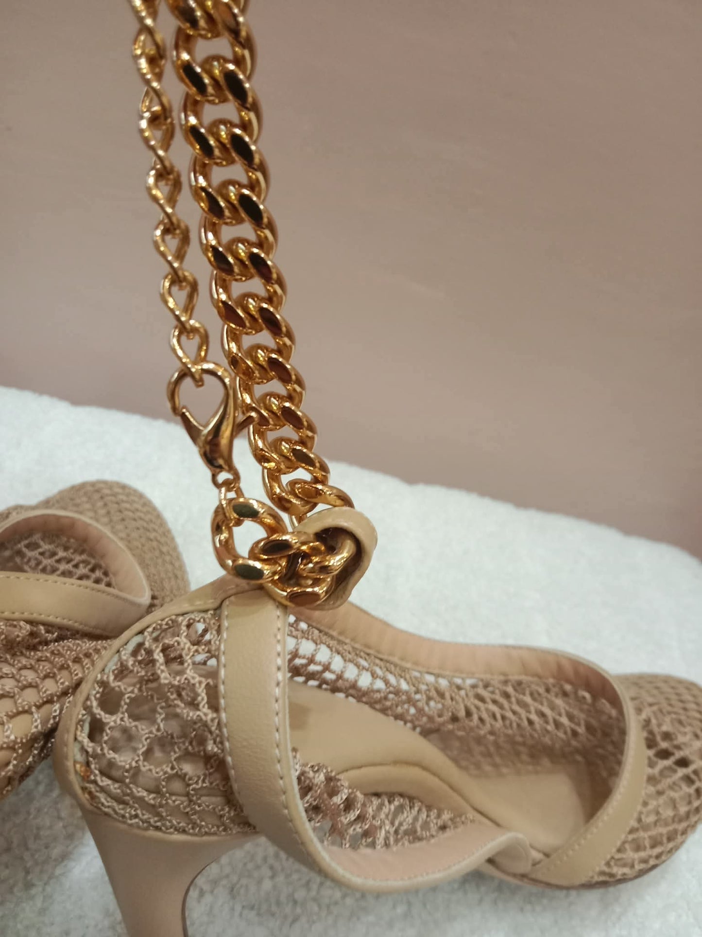 Bottega Veneta Mesh Nappa Chunky Chain Sandals Beige Size 36