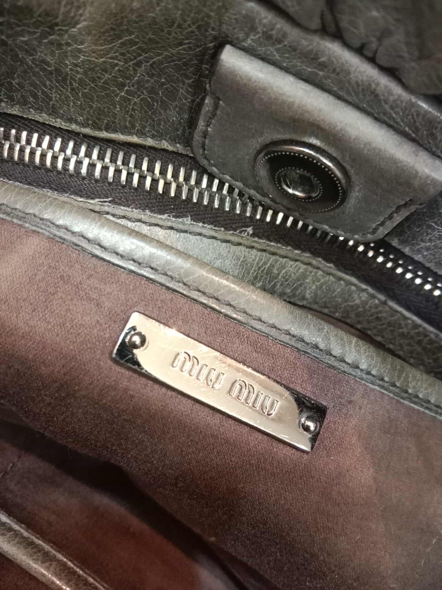 Miu Miu Leather Tote Bag Grey with Crystal Embellished Strap