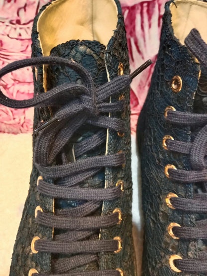 Chanel Navy Blue Floral Lace-Embossed Fabric Hih Top Sneakers Size 37 1/2