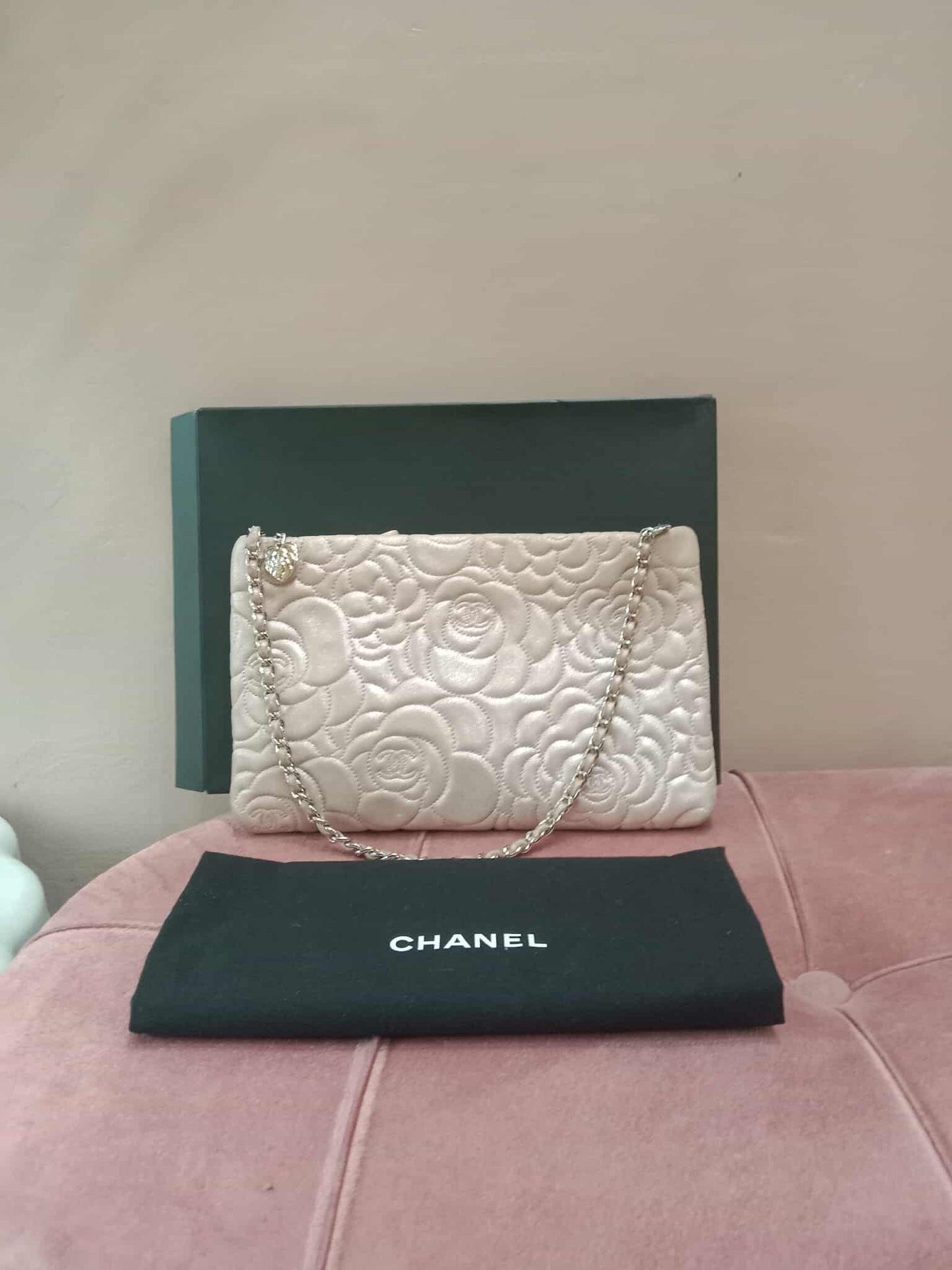Chanel Lavender Lambskin Camellia Pochette Bag Series 18