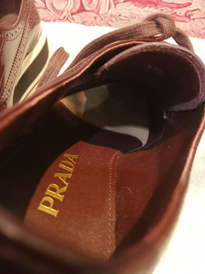 Prada Wingtip Brogue Derby Patent Platform Burgundy Size 37.5