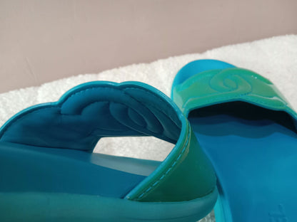 Chanel Turquiose and Green Patent Leather CC Flat Slide Sandals Size 36