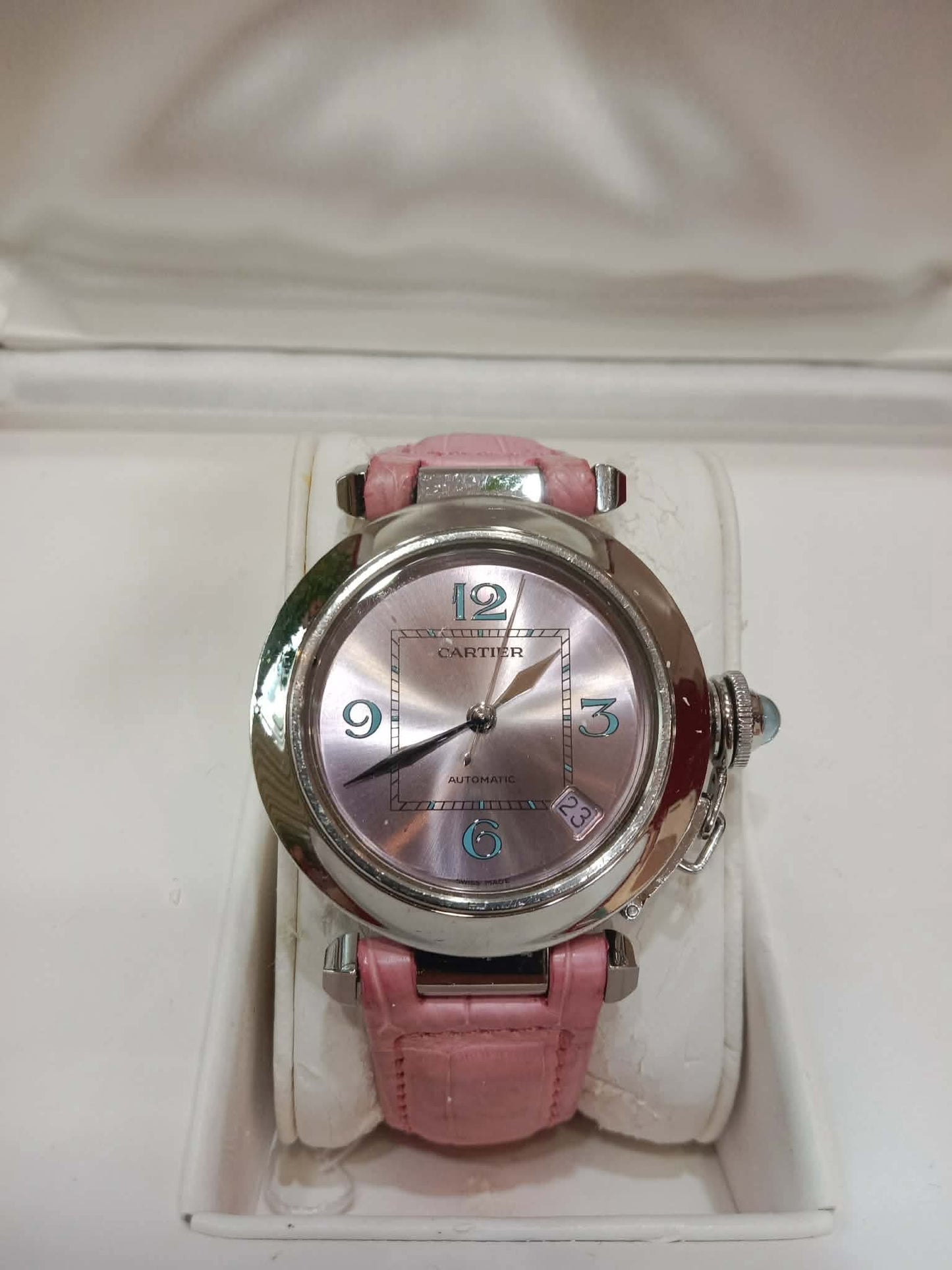 Cartier Pasha C Pink Blue Limited Edition Watch 35mm Stainless Steel Case Pink Alligator Leather Strap