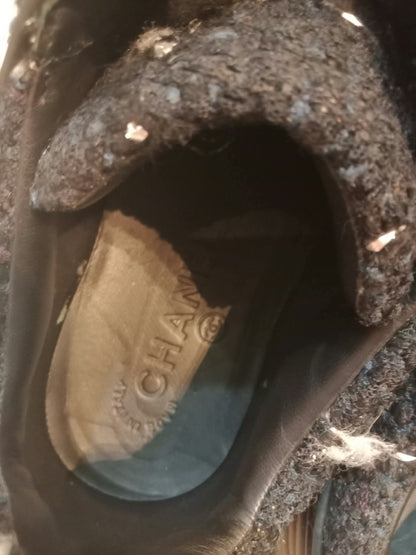 Chanel Tweed Sneakers Silver CC Logo 39 1/2