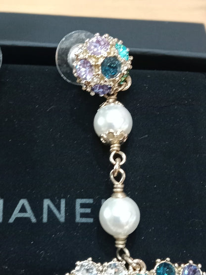 Chanel Rainbow Crystal CC Drop Earrings