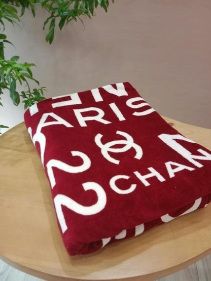 Chanel By Sea Line Cotton Blanket featuring Large printed Leather