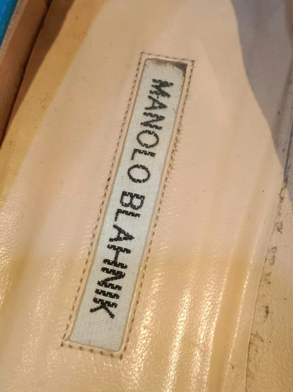 Manolo Blahnik Blue Satin Jewel Buckle Flat Pumps Size 37