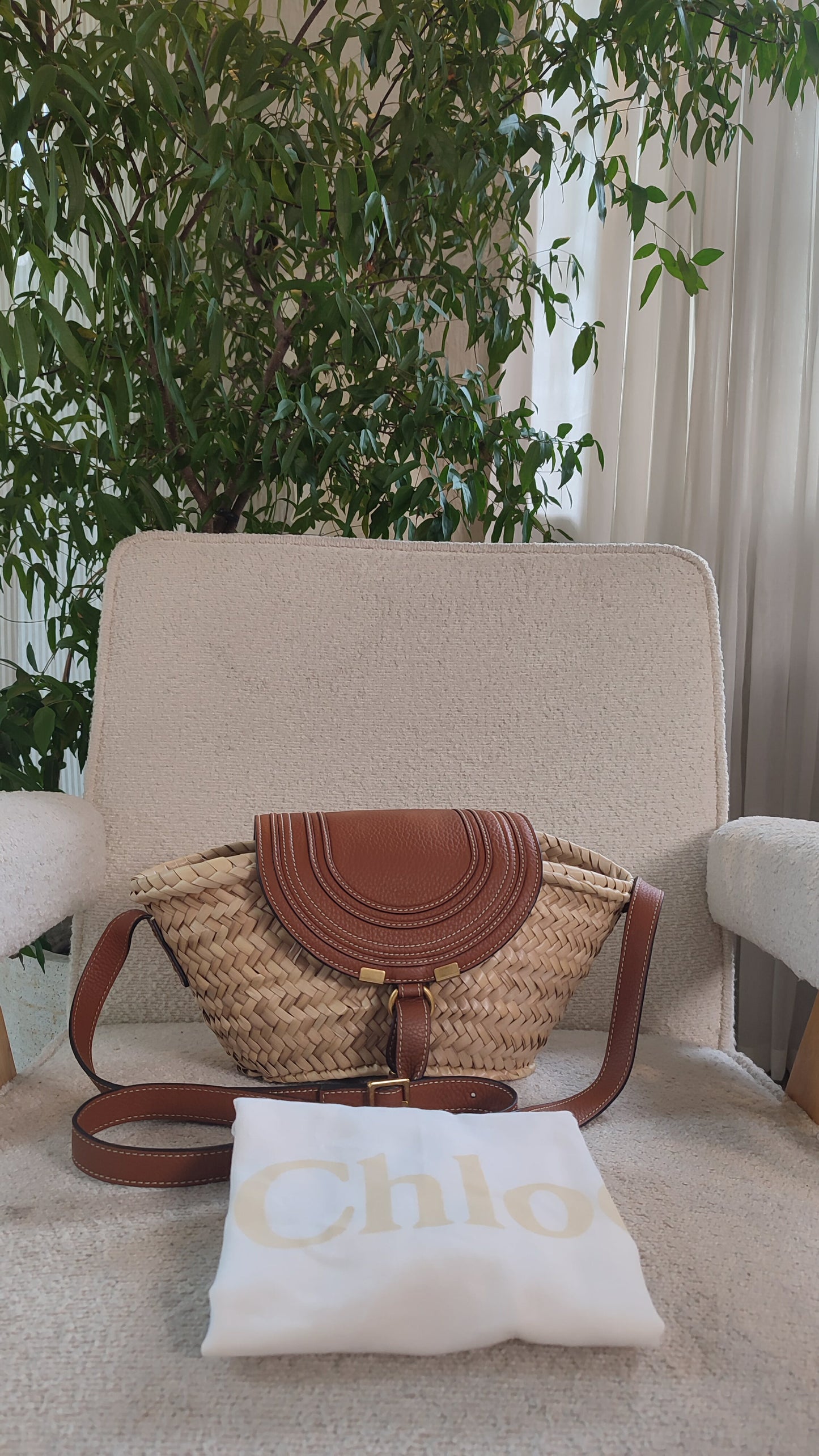 Chloe Marcie Small Raffia Basket Brown Bag