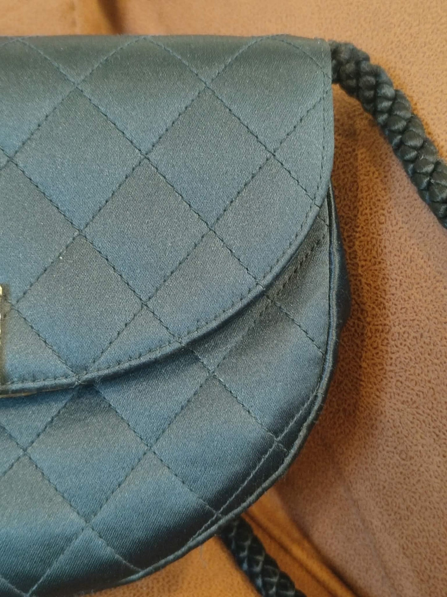 Chanel Quilted Satin Halfmoon Rhinestone Vintage Bag Black Series 0