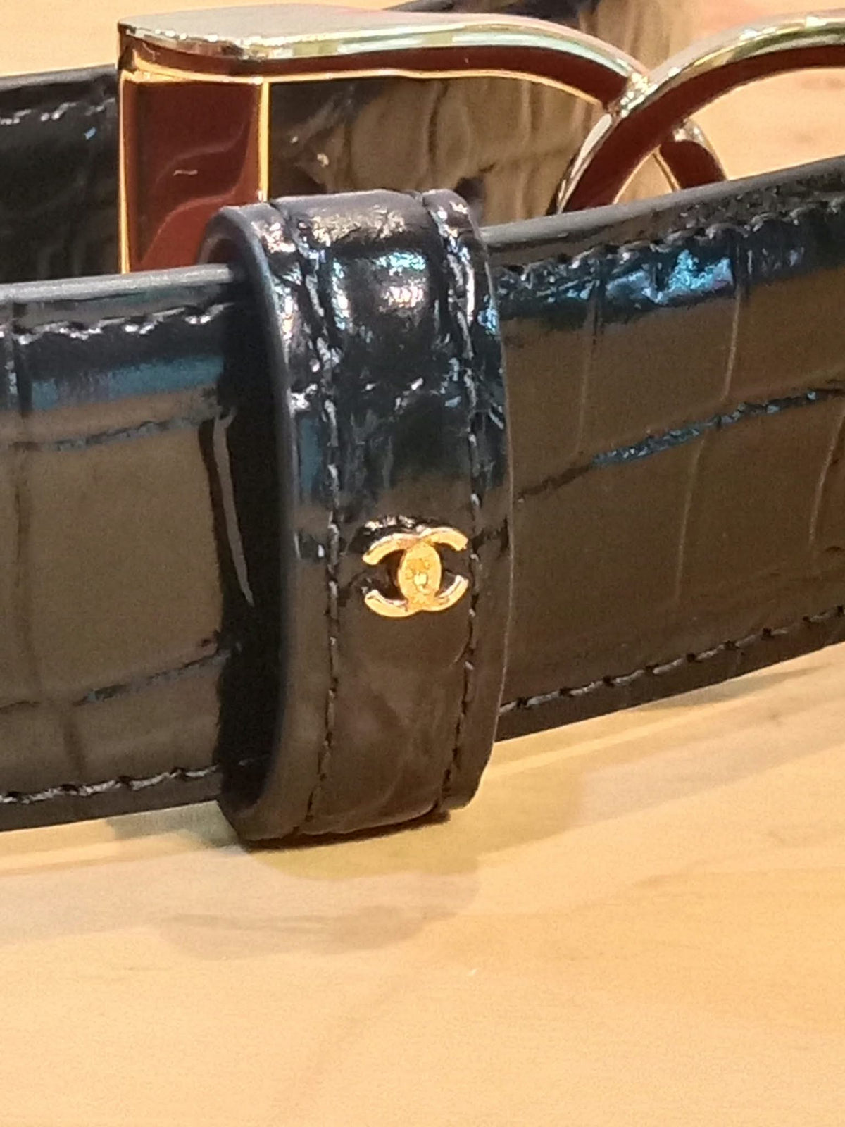 Chanel Crocodile Embossed Calfskin & Metal Belt Black Brandnew
