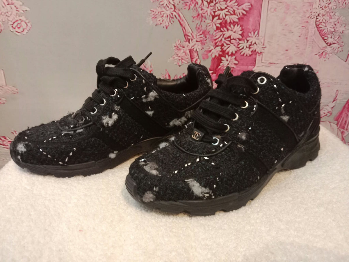 Chanel Tweed Sneakers Silver CC Logo 39 1/2