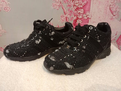 Chanel Tweed Sneakers Silver CC Logo 39 1/2