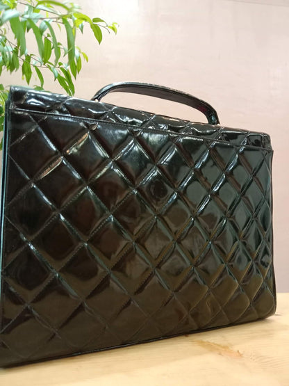 Chanel Vintage Briefcase Quilted Patent Black