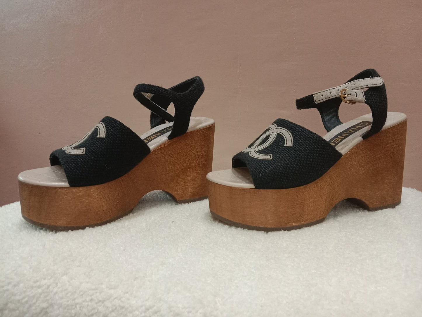 Chanel Wedge Sandals Black Canvas Embroidered Interlocking CC Logo Size 36