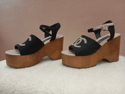 Chanel Wedge Sandals Black Canvas Embroidered Interlocking CC Logo Size 36