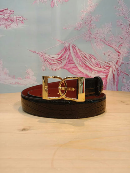 Chanel Crocodile Embossed Calfskin & Metal Belt Black Brandnew
