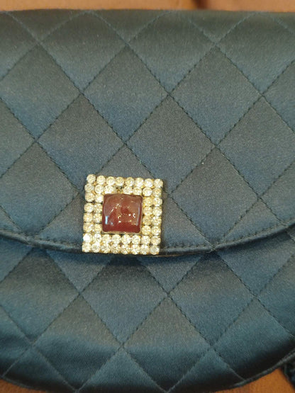 Chanel Quilted Satin Halfmoon Rhinestone Vintage Bag Black Series 0