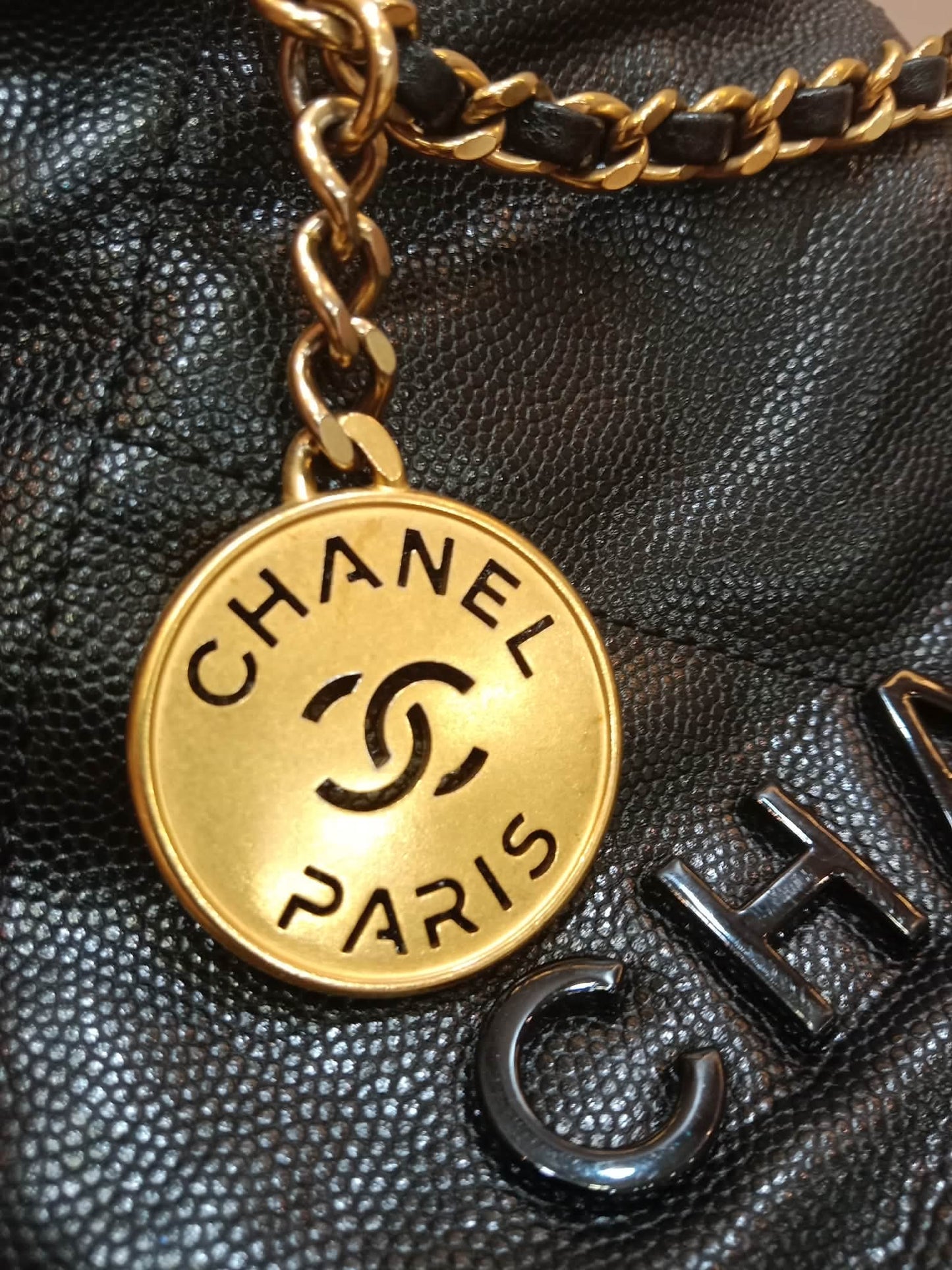 Chanel 22 Shiny Caviar Black Monochrome Mini Microchipped