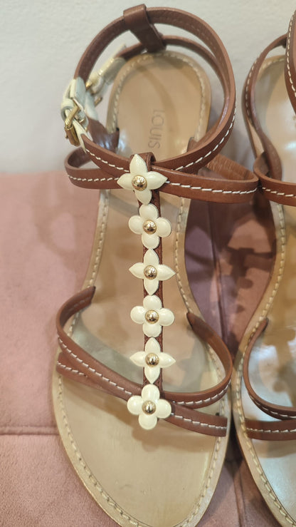 Louis Vuitton Flower Strappy Wedge Brown Size 37
