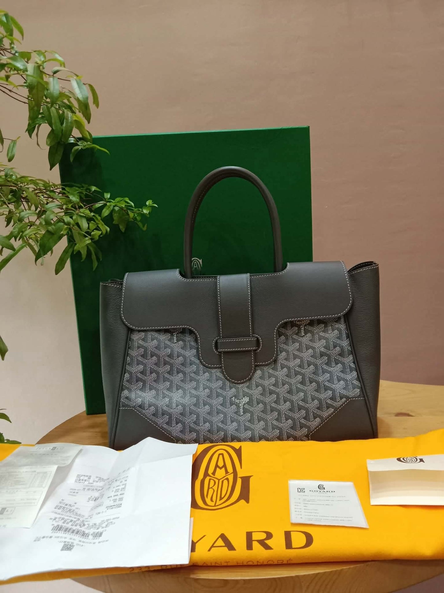 Goyard Saigon Tote Bag Goyardine Canvas with Structured Leather Trim Gris MM