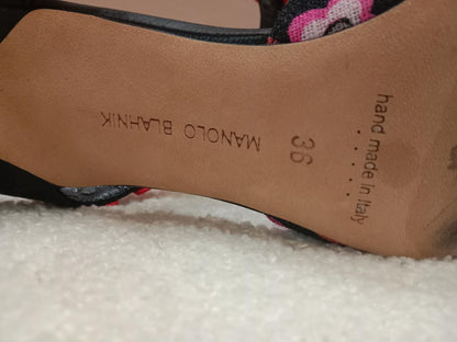 Manolo Blahnik Chamaca 70 Floral Print inen Mule Heels Size 36