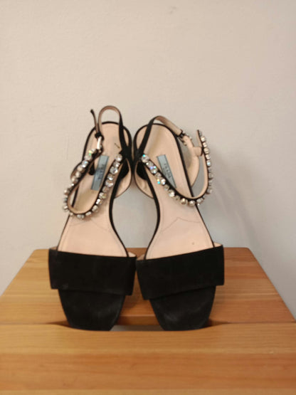 Prada Black Satin Crystal-Embellished Sandals Size 37