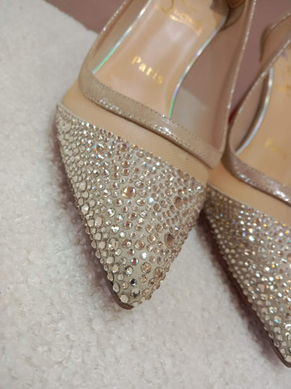 Christian Louboutin Galativi Pumps Beige Suede/Mesh with Crystal Embellishments Size 36
