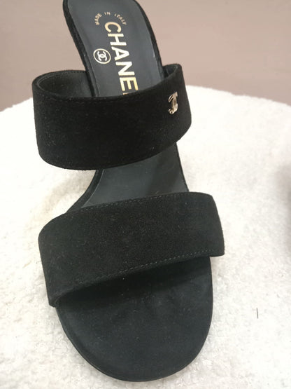 Chanel Pearl Heel Mules Black Suede with Pearl Embedded Heels Size 36