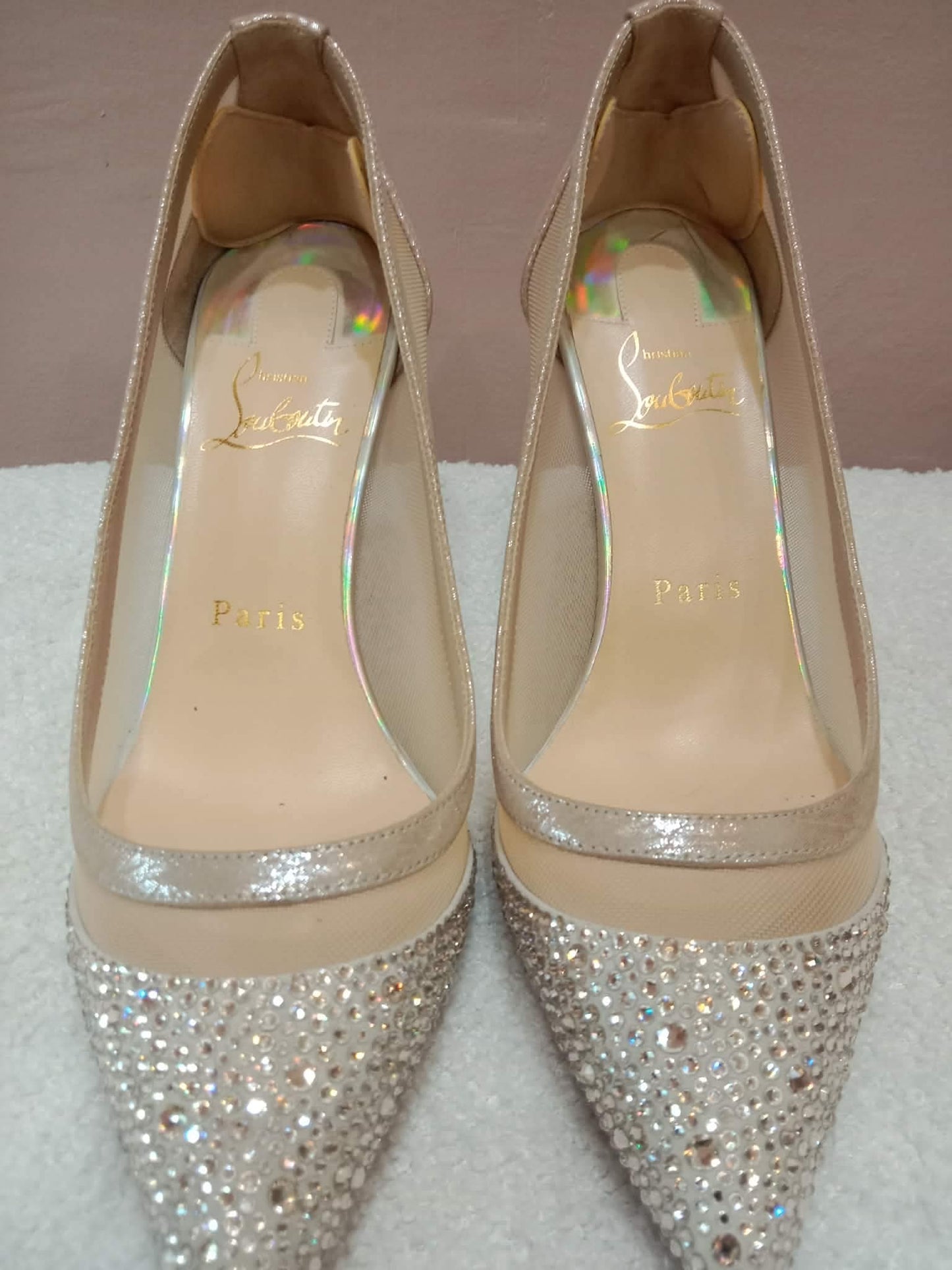 Christian Louboutin Galativi Pumps Beige Suede/Mesh with Crystal Embellishments Size 36