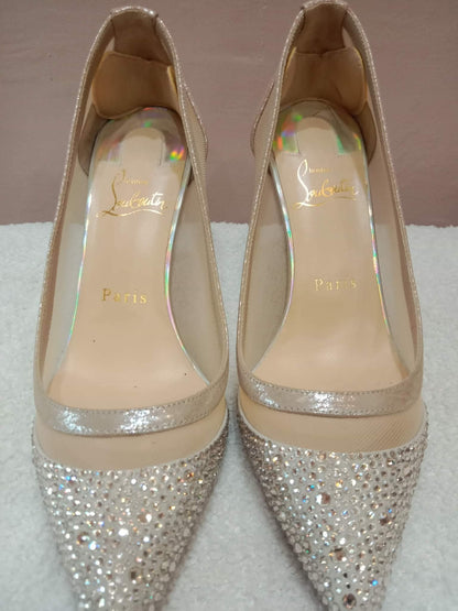 Christian Louboutin Galativi Pumps Beige Suede/Mesh with Crystal Embellishments Size 36