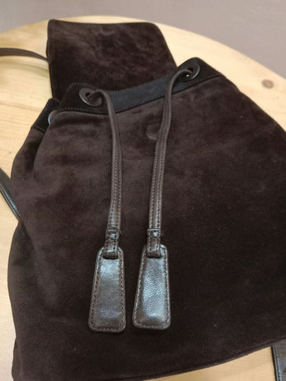 Chanel Vintage Karl Lagerfeld Dark Brown Suede Backpack featuring stitched CC Logo Flap Series 5