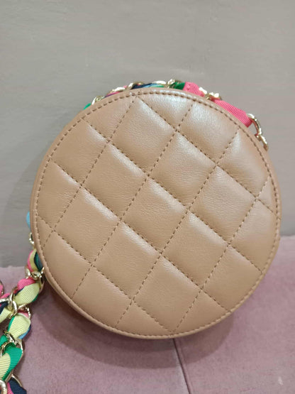 Chanel 21P Round Clutch Lambskin with Multicolor Ribbon-Woven Chain Strap Caramel Series 30