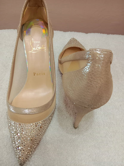Christian Louboutin Galativi Pumps Beige Suede/Mesh with Crystal Embellishments Size 36