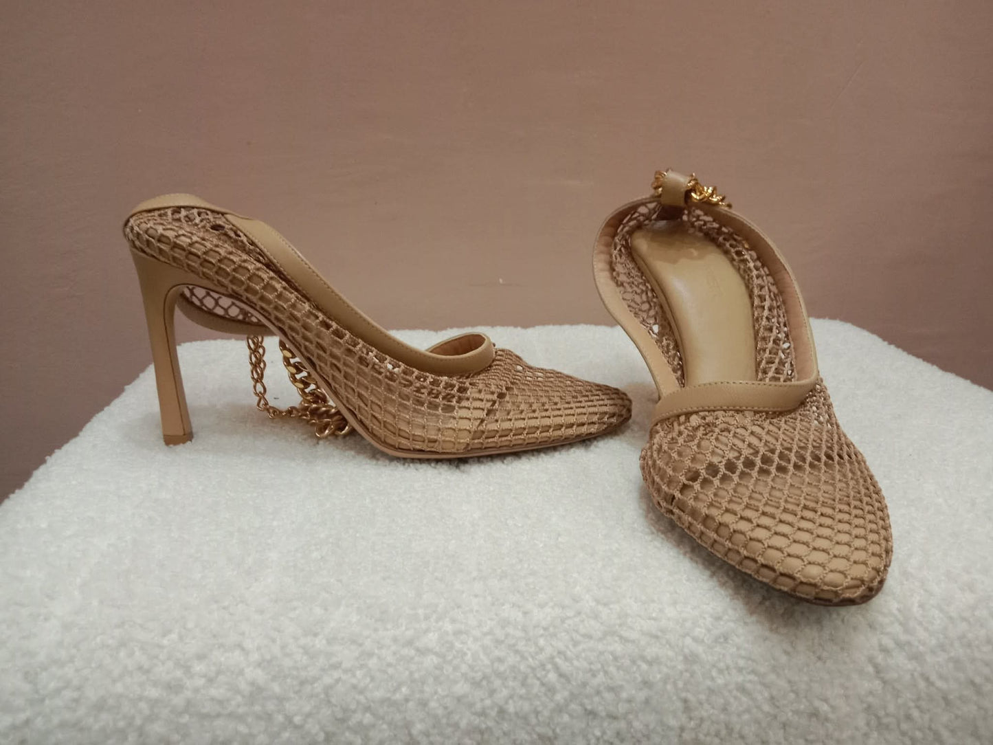Bottega Veneta Mesh Nappa Chunky Chain Sandals Beige Size 36