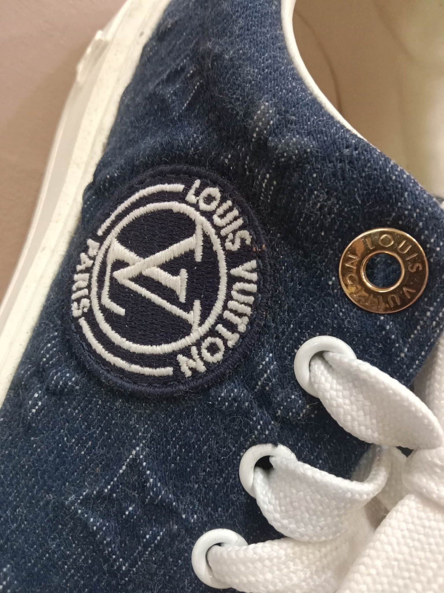 Louis Vuitton Time Out Sneakers Dark Blue Denim Monogram Embossed Pattern Size 37.5